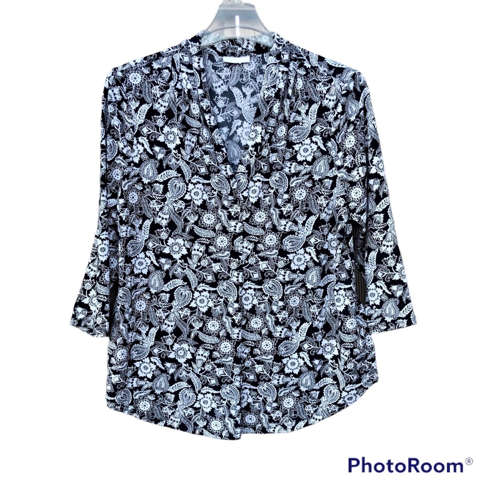 Charter Club Shirt Pleated Floral 3/4 Sleeve